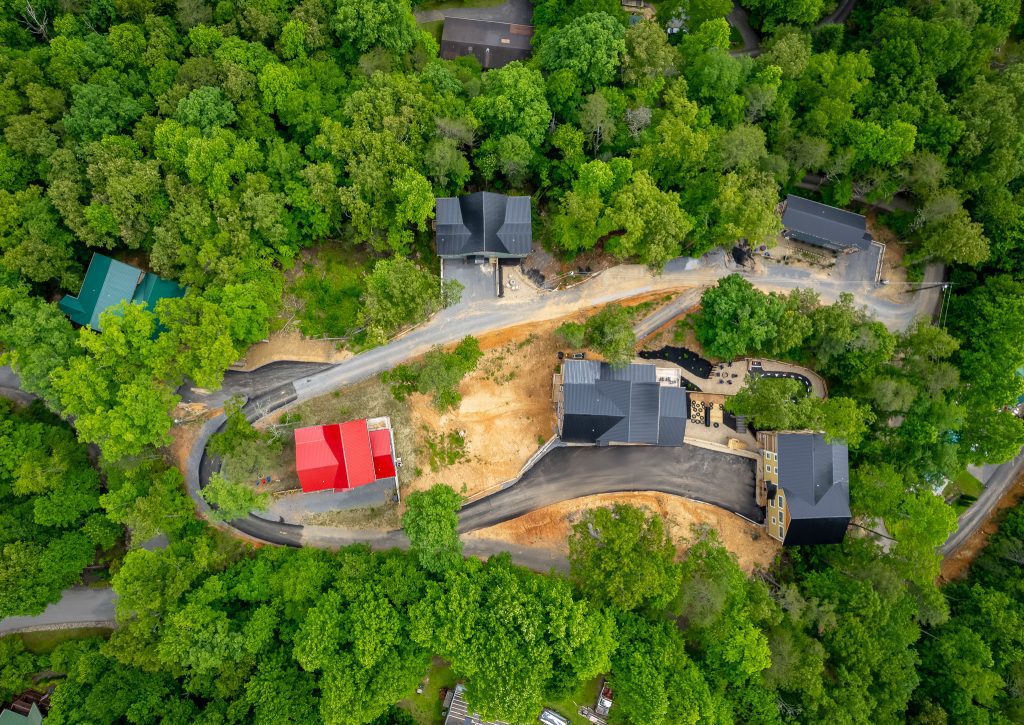 Drone footage of the clustered cabin property